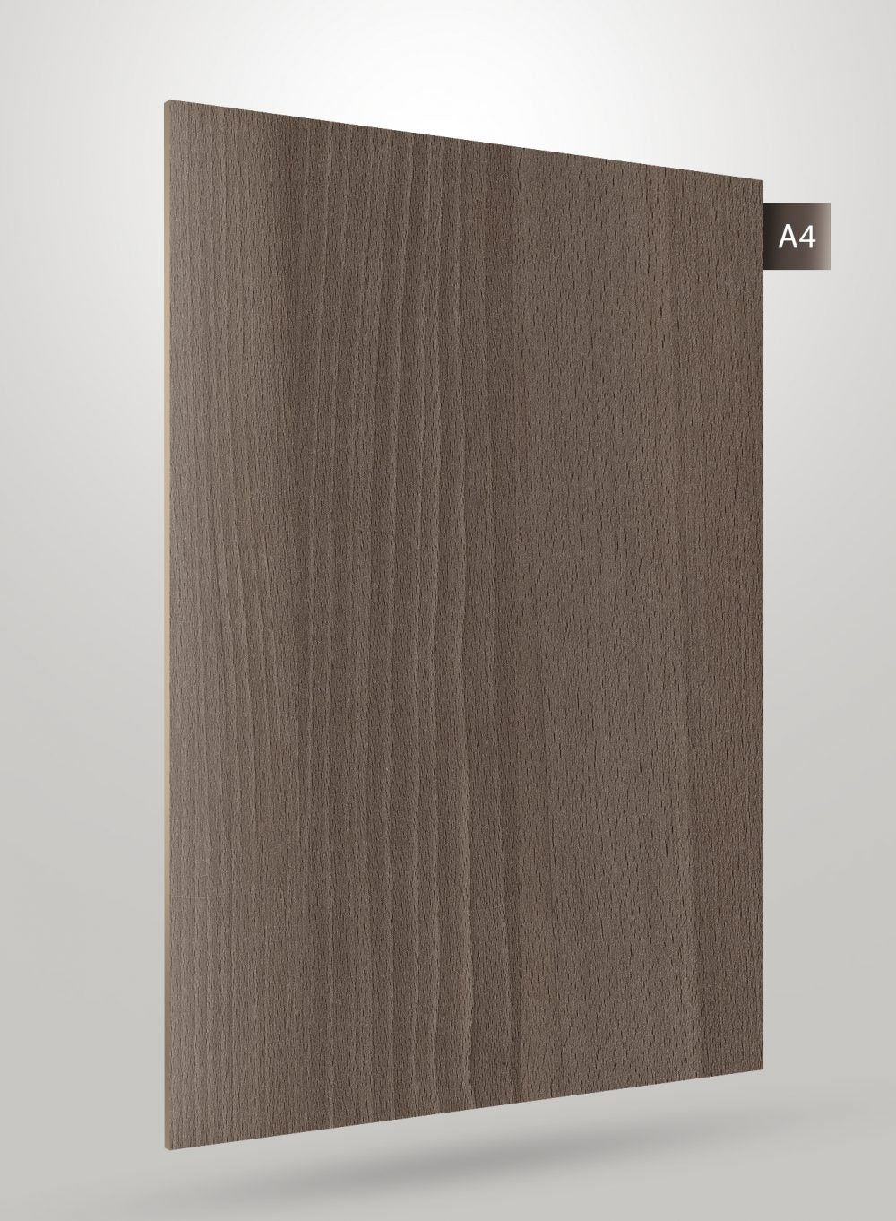 Brown wood grain decorative laminate with matte finish and vertical wood texture pattern on a square sample sheet.