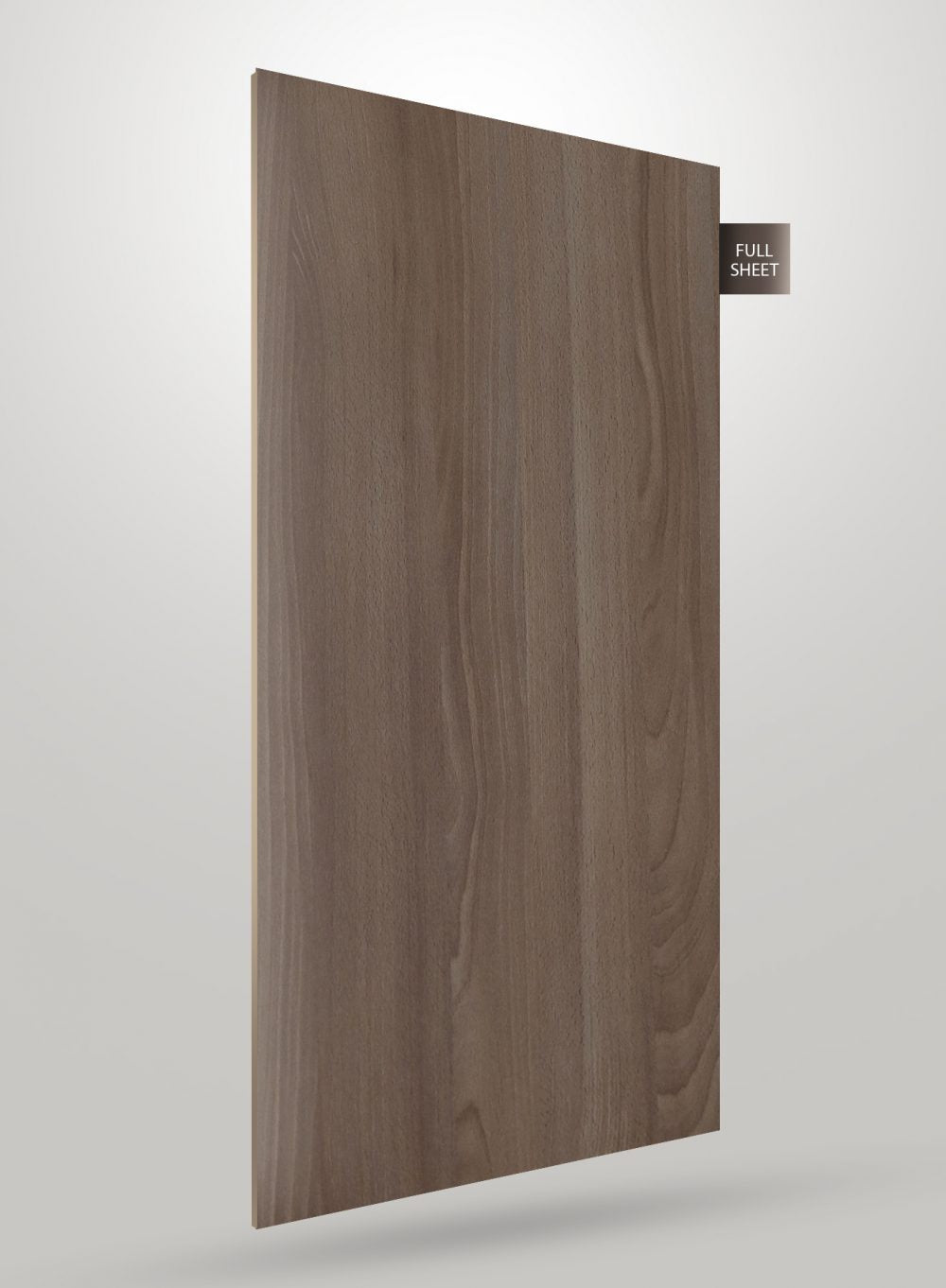 Brown wood grain decorative laminate sheet with matte finish and visible texture, labeled full sheet.