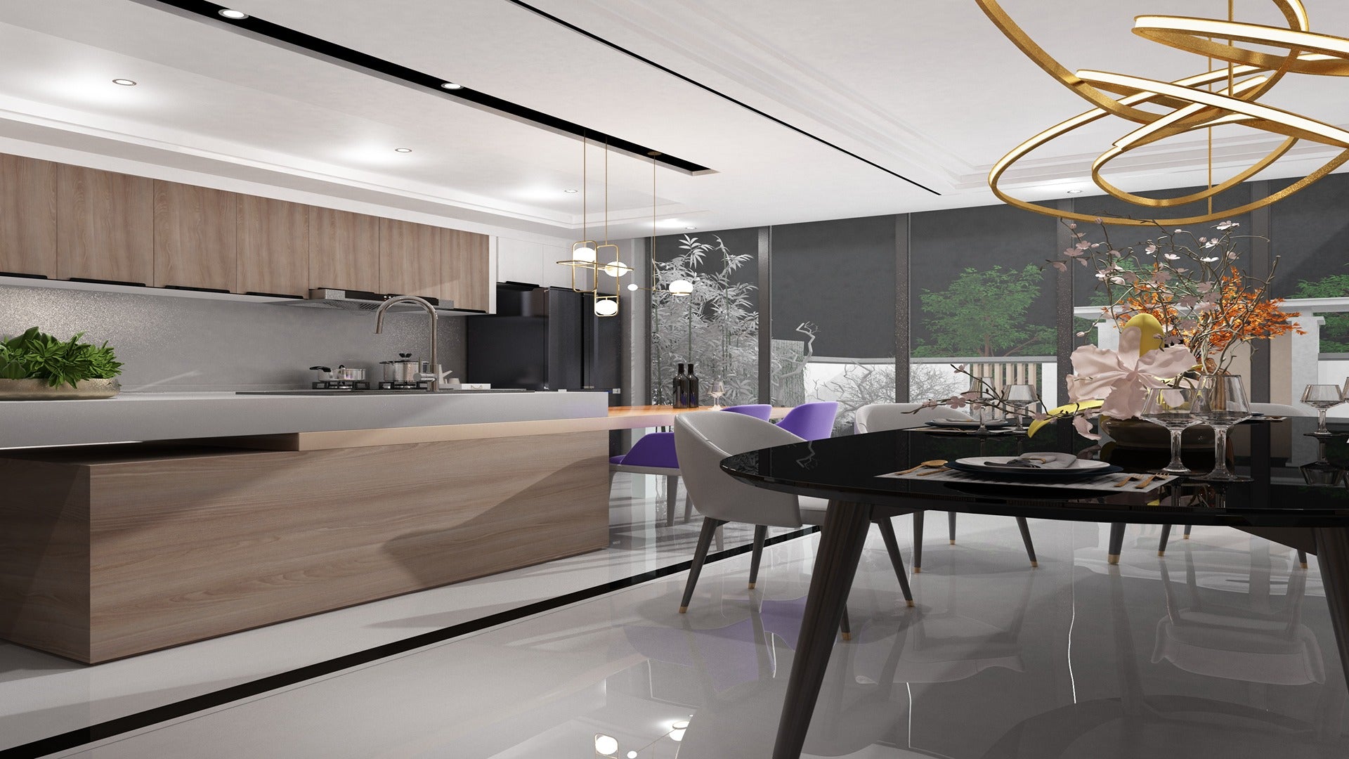 Wood laminate kitchen cabinets with matte finish and wood grain texture in modern interior design setting.