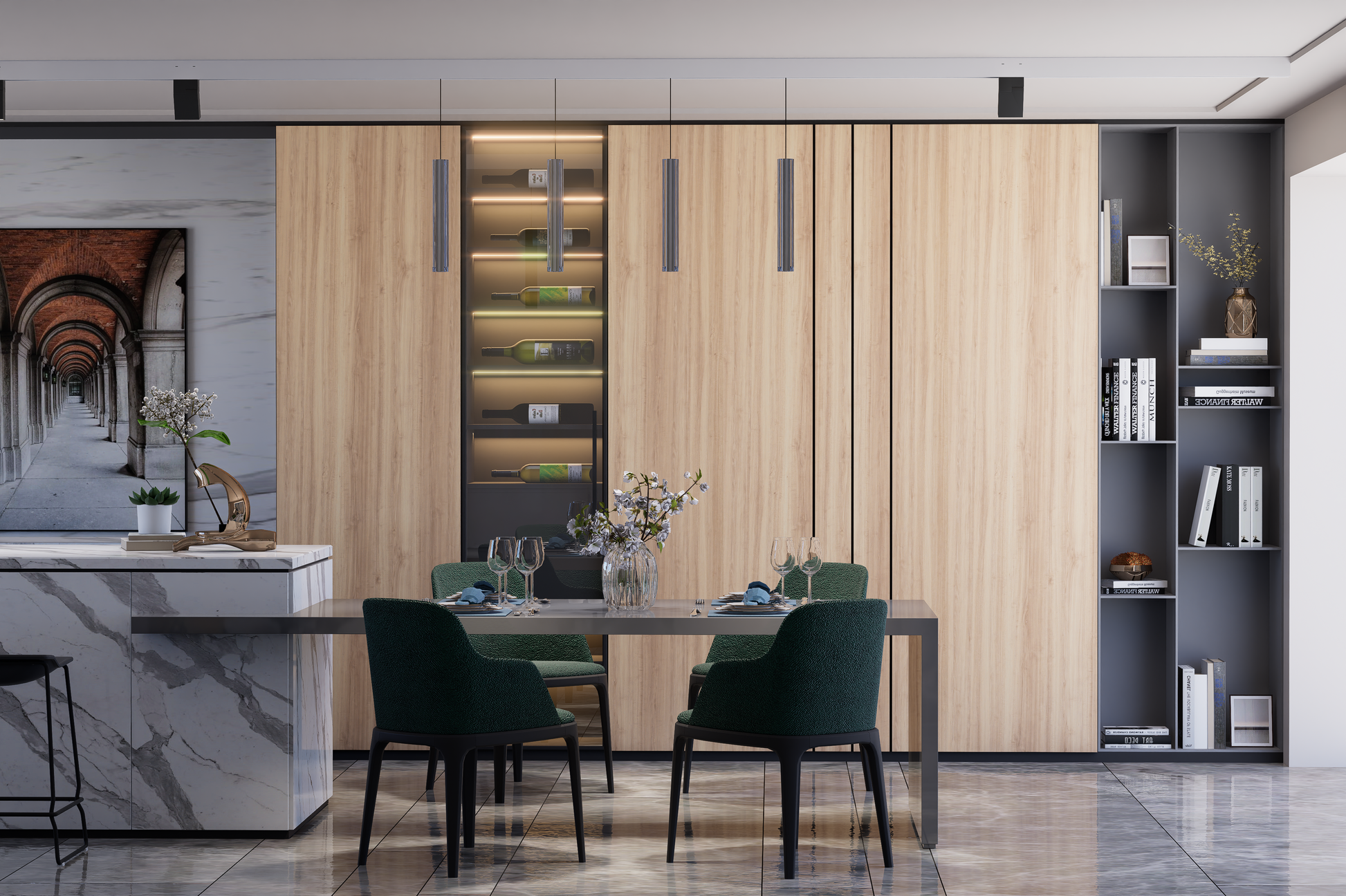 Beige wood laminate wall with matte finish and wood grain texture in modern dining room setting with sleek furniture and