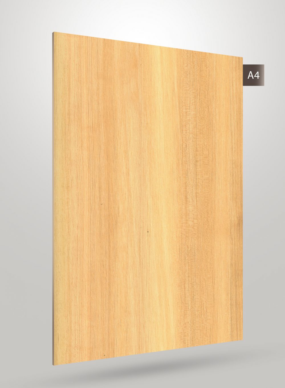 Beige wood grain decorative laminate with matte finish and vertical wood pattern texture on a square sheet