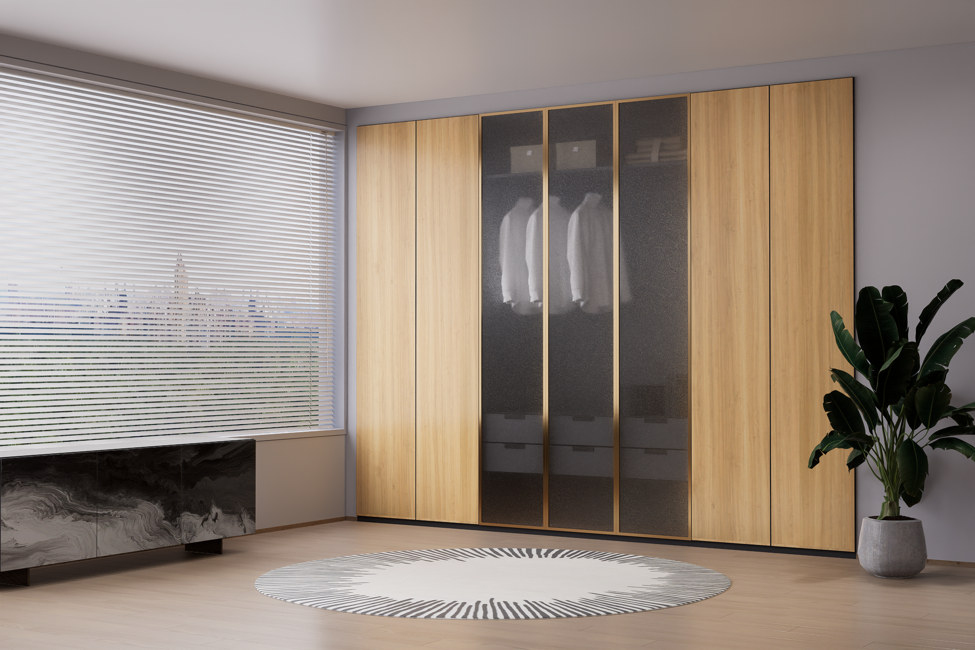 Beige wood grain laminate used on modern wardrobe doors with matte finish and visible wood texture in a minimalist room
