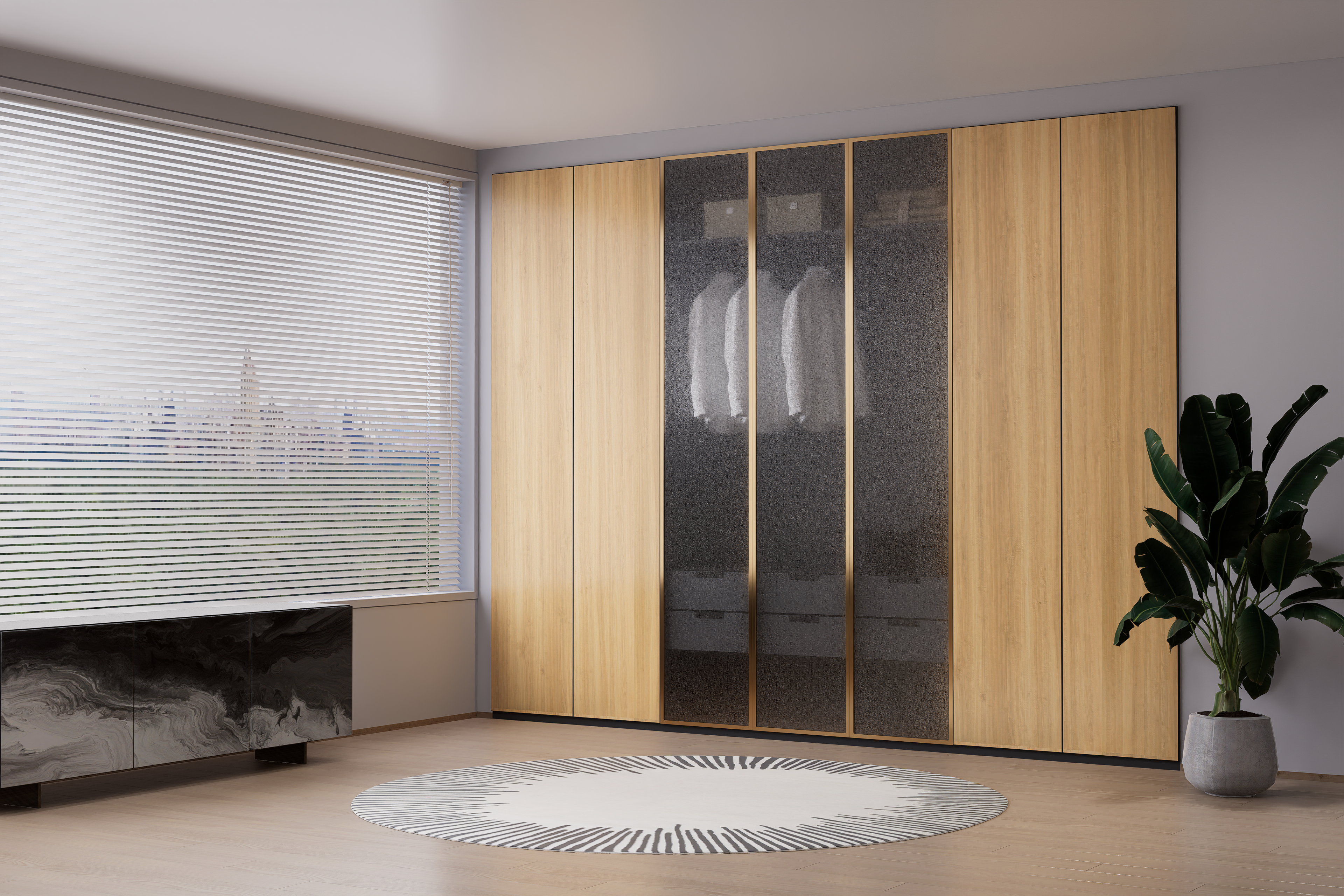 Beige wood grain laminate used on modern wardrobe doors with matte finish and visible wood texture in a minimalist room