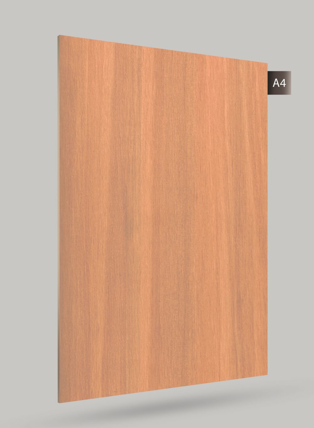 Brown wood grain decorative laminate with matte finish and vertical wood pattern texture.