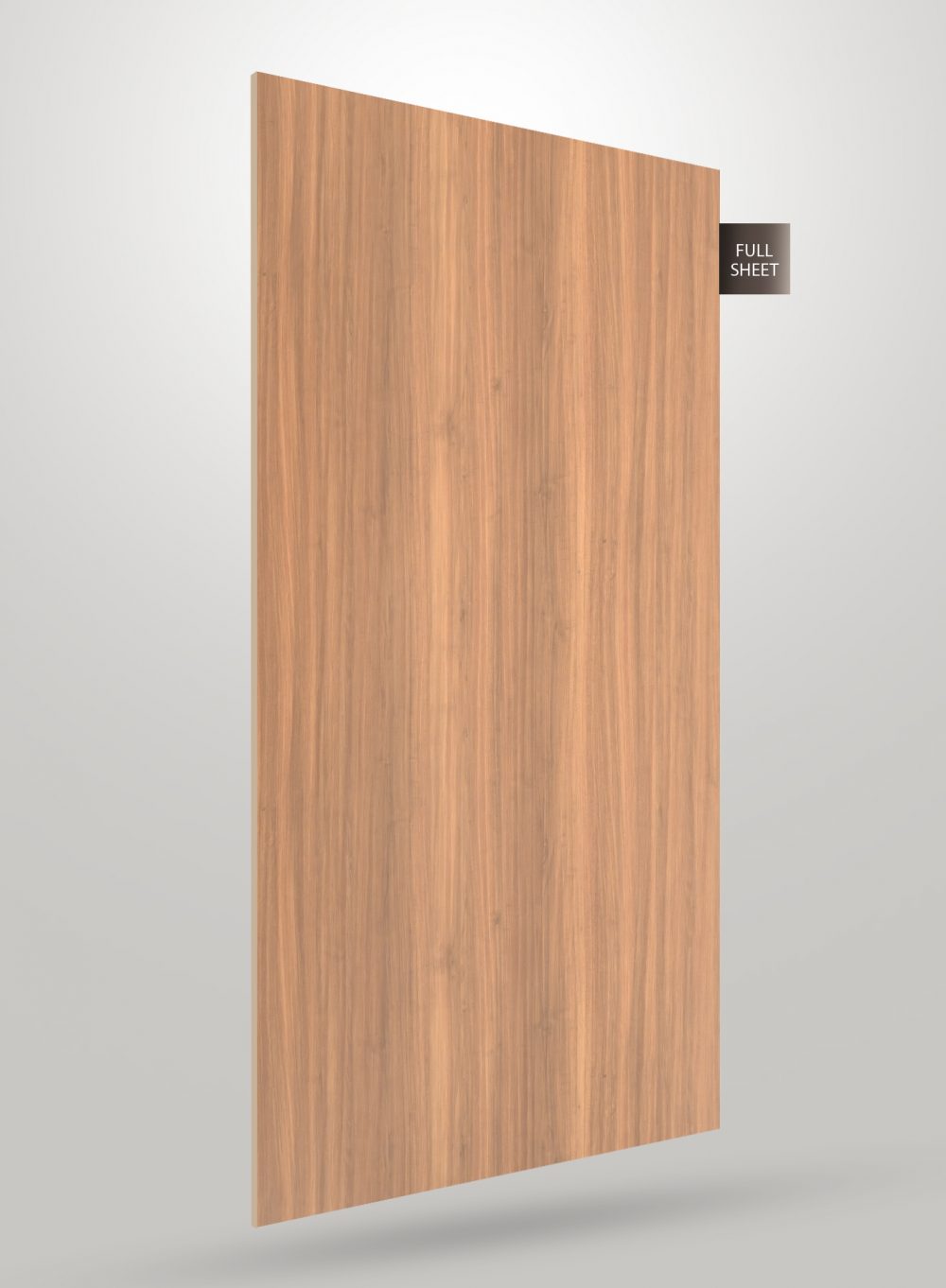 Brown wood grain decorative laminate sheet with matte finish and vertical wood pattern, labeled full sheet.
