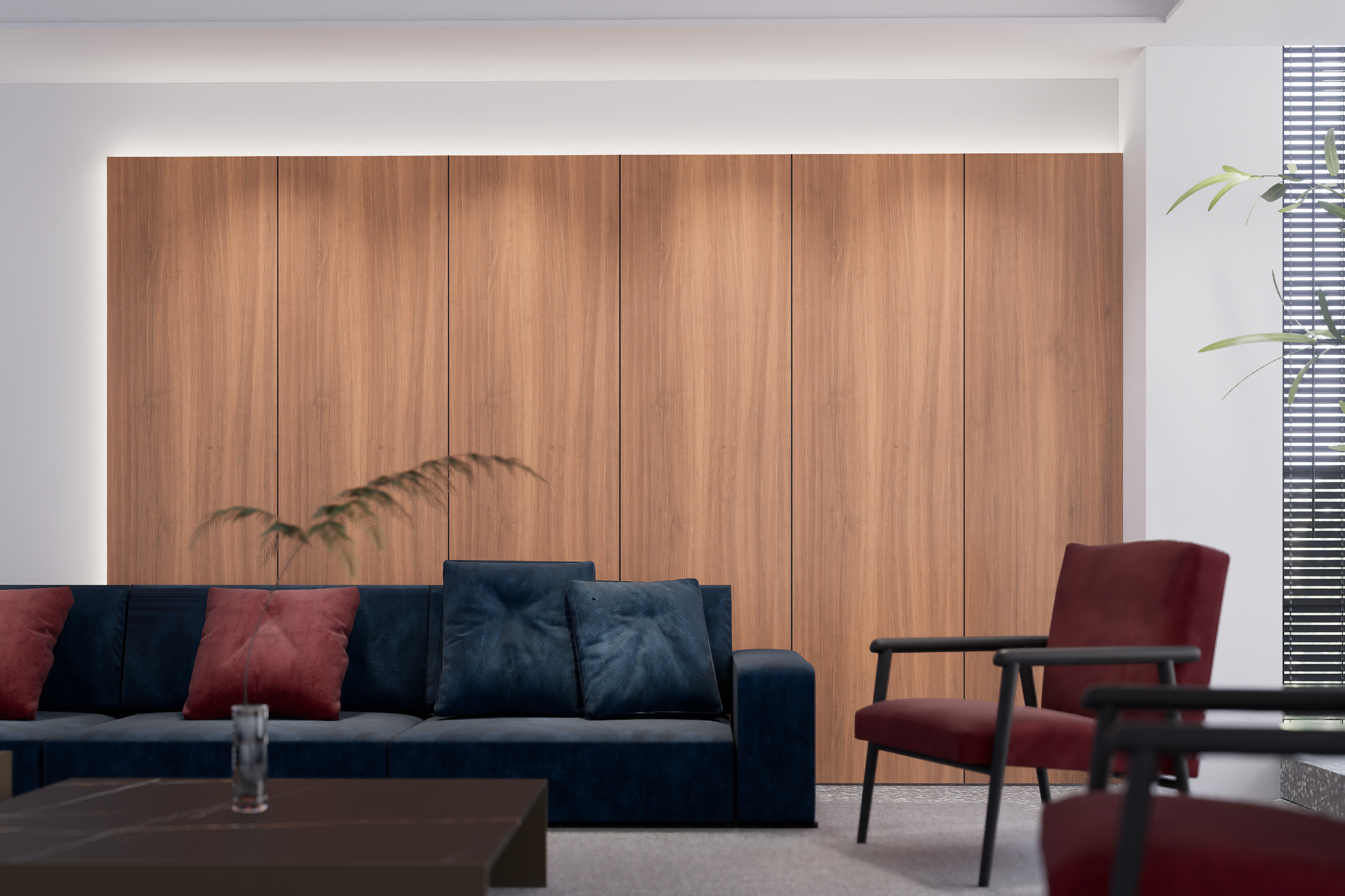 Brown wood grain laminate wall in modern living room with blue sofa and red chairs, showing matte finish and wood texture.