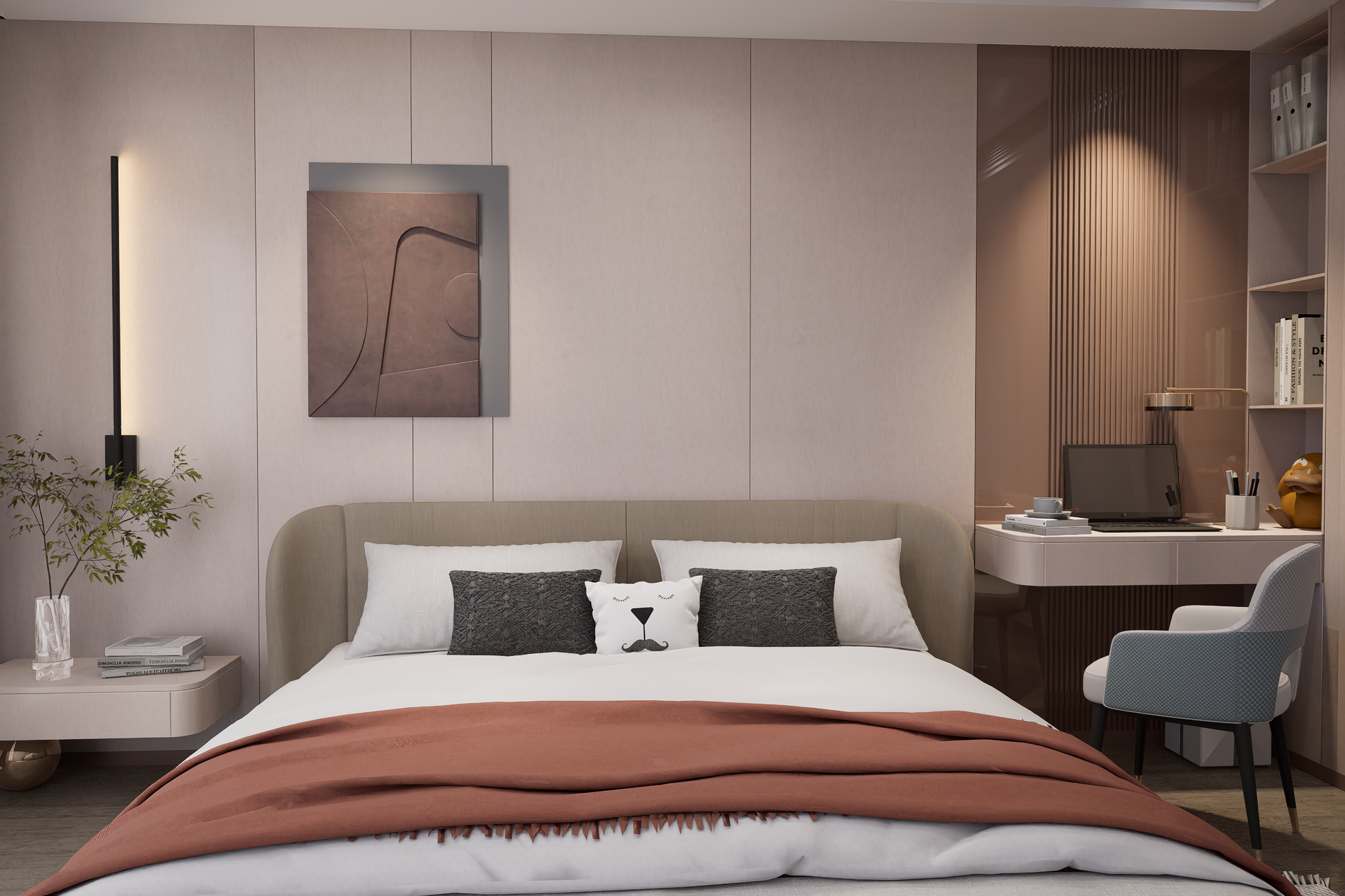 Beige wood laminate wall panels with matte finish in modern bedroom setting with furniture and decor elements.