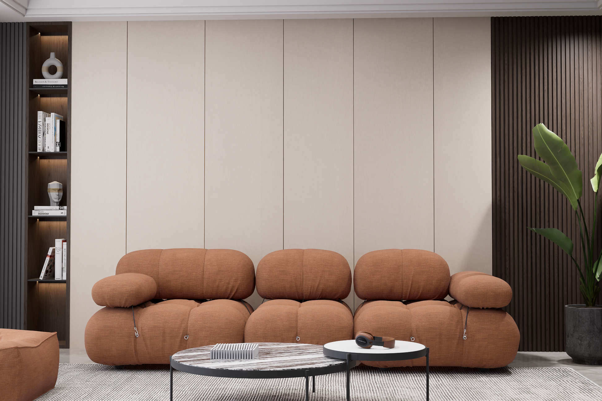 Beige wood grain laminate wall panels with matte finish in a modern living room setting with furniture and decor