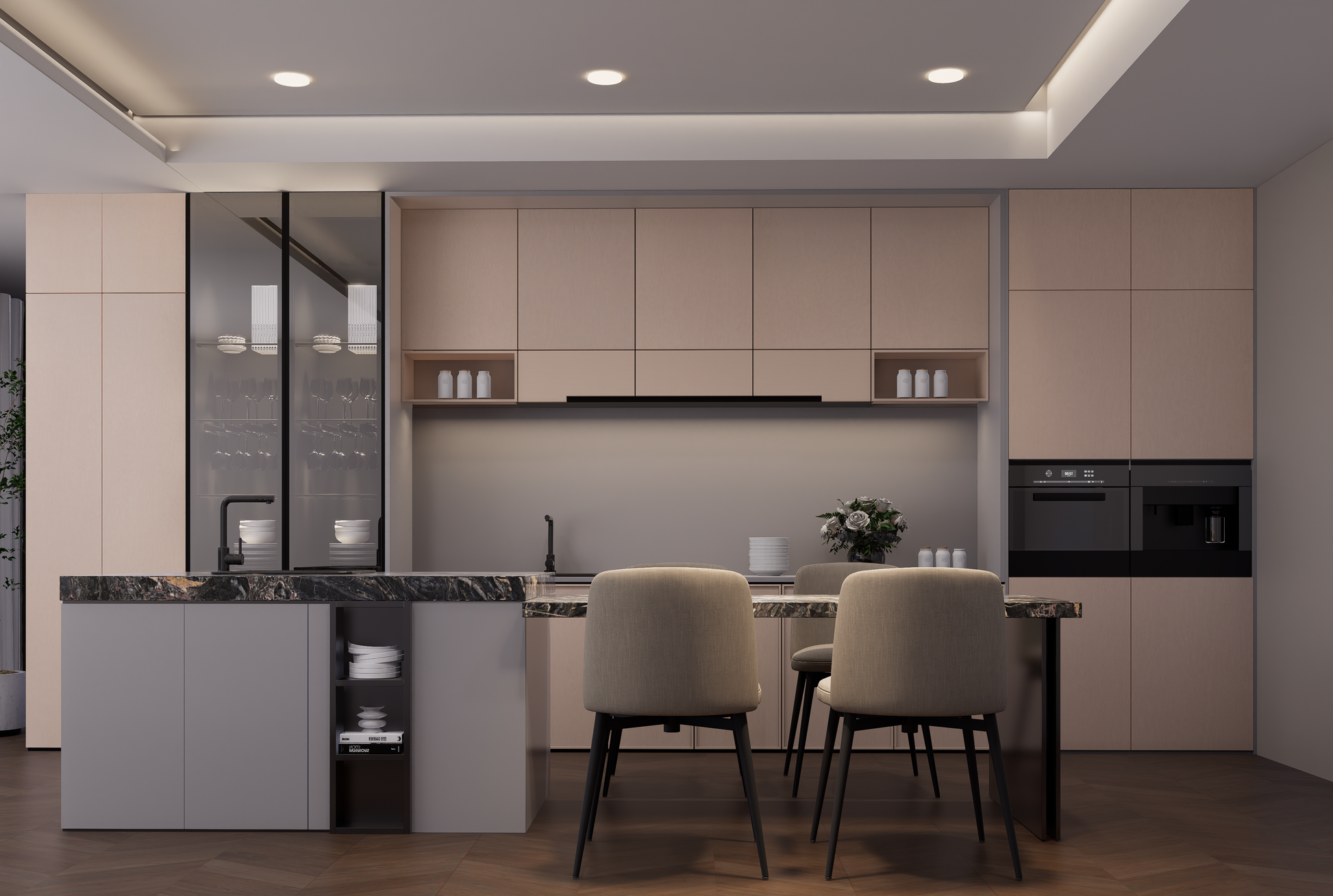 Beige wood laminate kitchen cabinets with matte finish and wood grain texture in a modern kitchen setting.