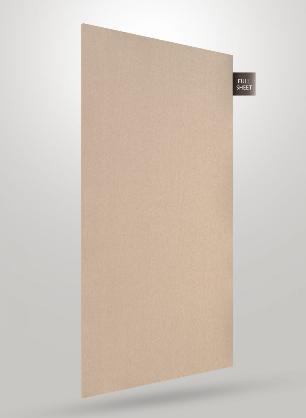 Beige wood grain decorative laminate sheet with matte finish and subtle texture, labeled full sheet.