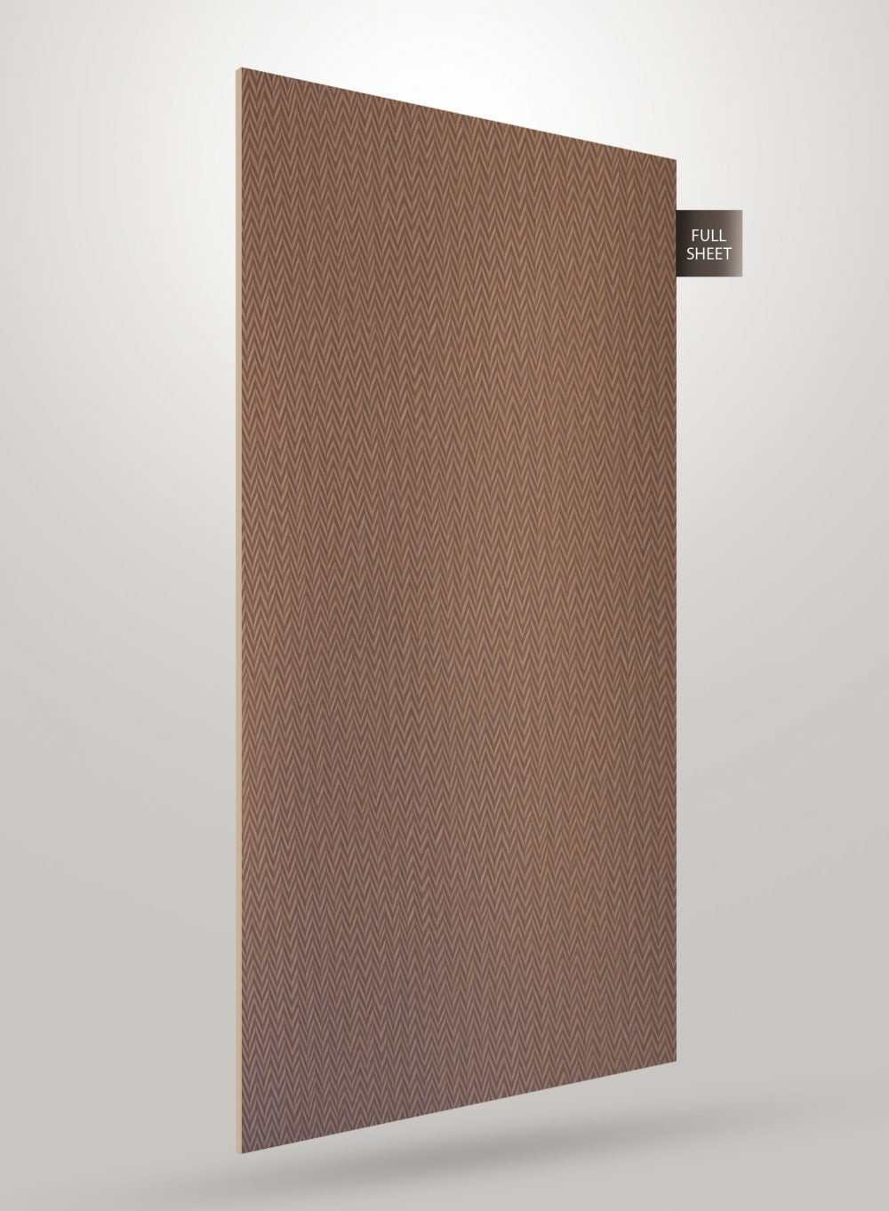 Brown decorative laminate sheet with zig-zag pattern and matte finish, labeled full sheet on a white background.