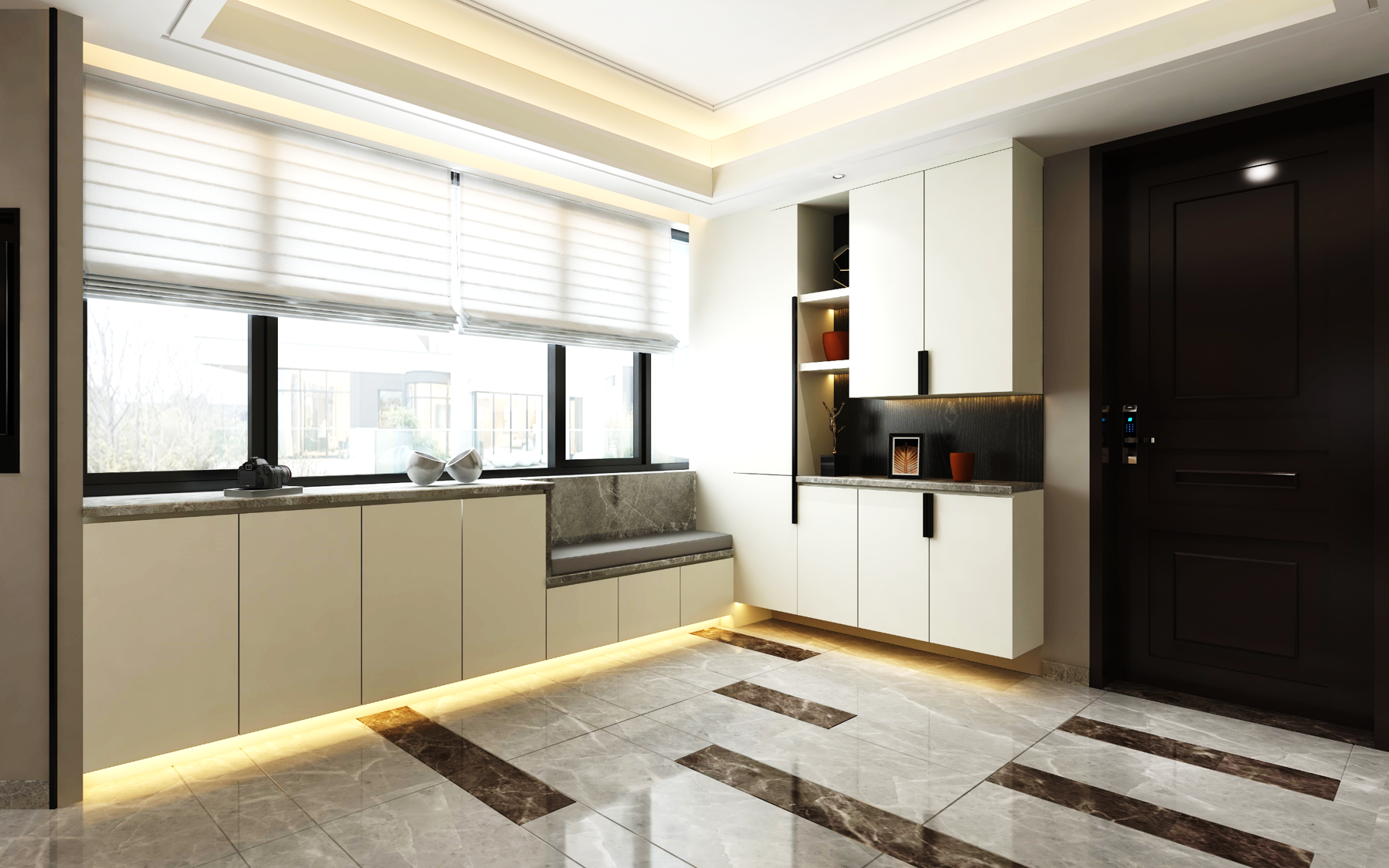 Ivory matte laminate used on modern cabinetry and shelving in a brightly lit interior space with marble flooring