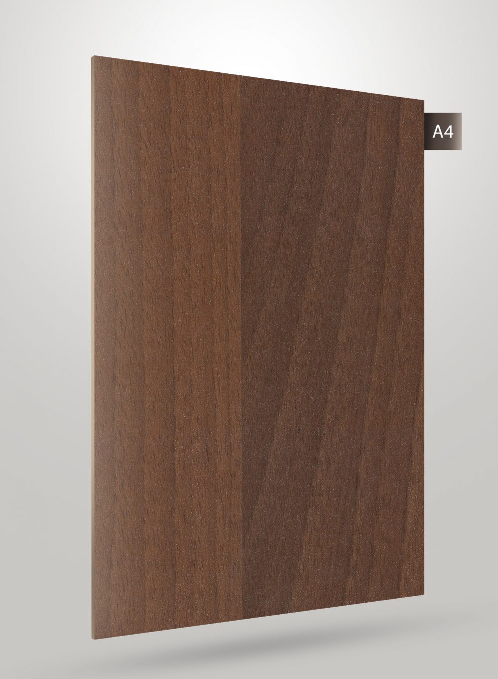 Brown wood laminate with matte finish and wood grain texture, decorative laminate sample with label A4 on corner.