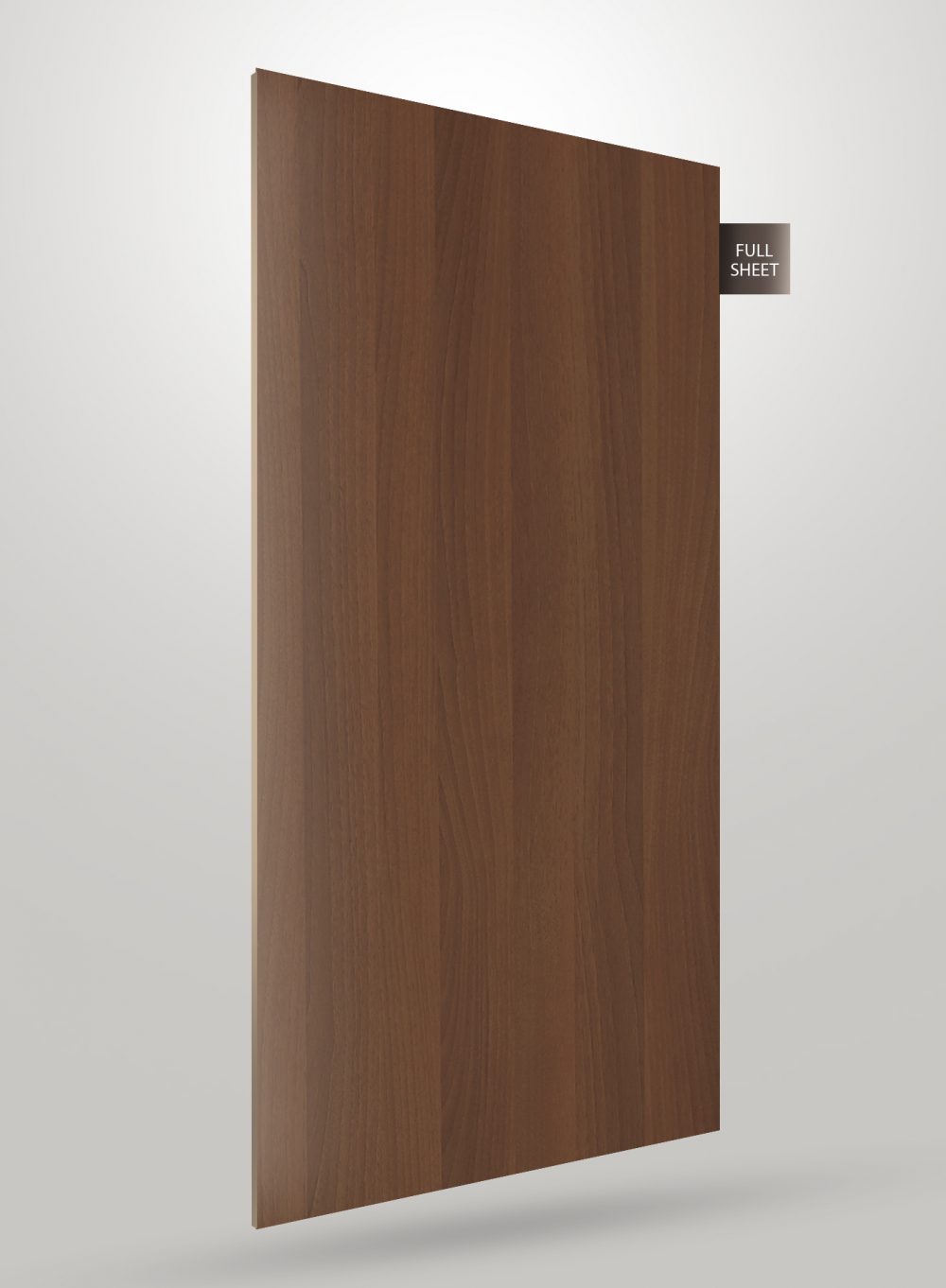 Brown wood grain decorative laminate sheet with matte finish and visible wood texture, labeled full sheet.