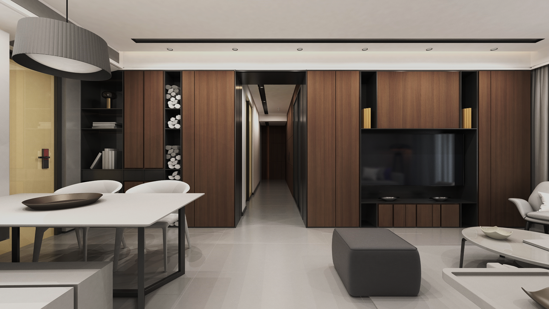 Brown wood laminate wall panels with matte finish in modern living space with sleek furniture and minimalist decor.