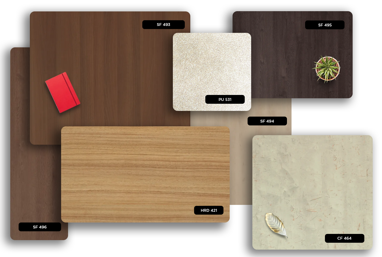 Dark brown wood grain laminate with matte finish and visible texture, showcasing various samples and decorative elements.