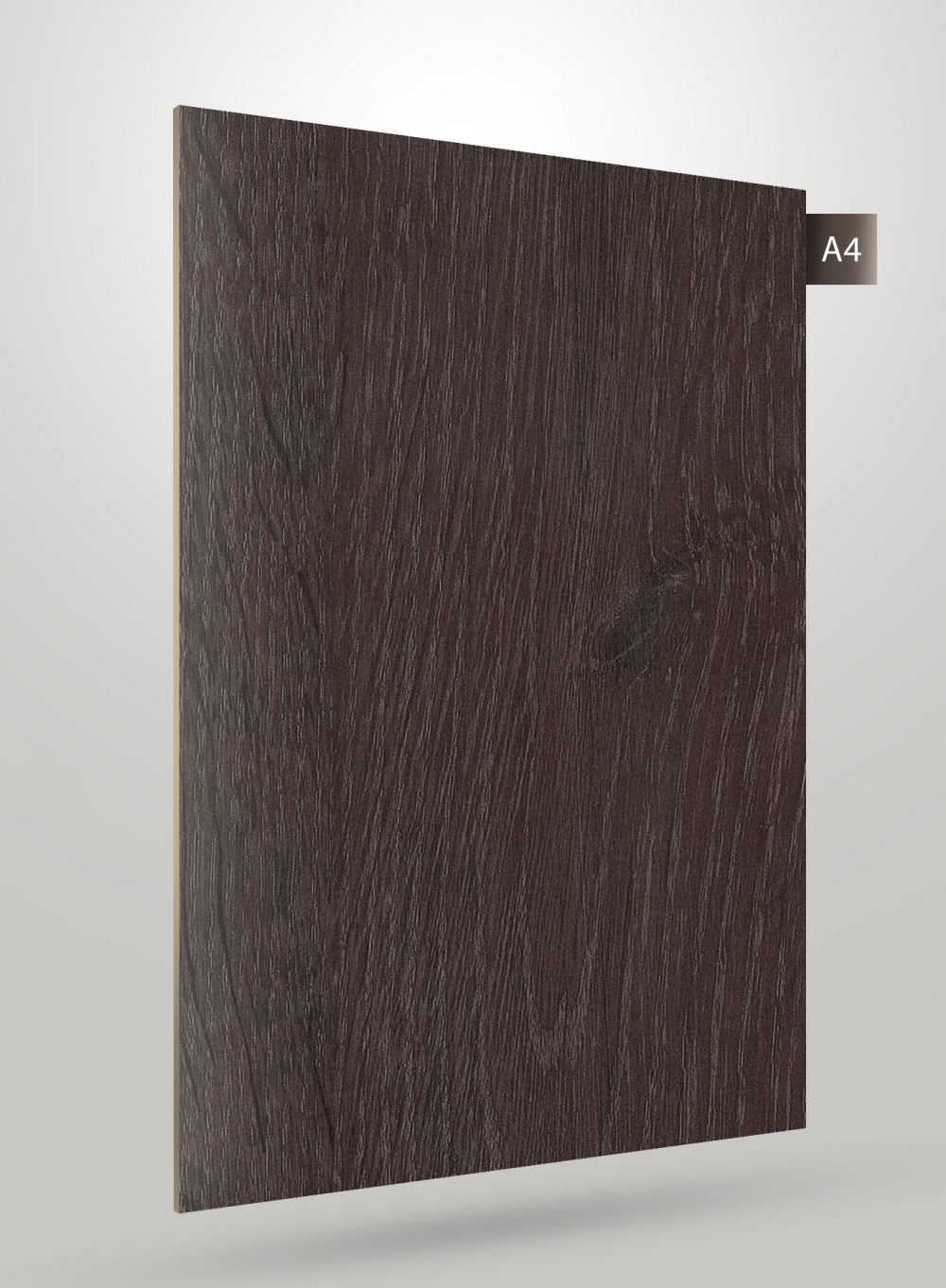 Dark brown wood grain decorative laminate with matte finish and visible wood texture, labelled A4.