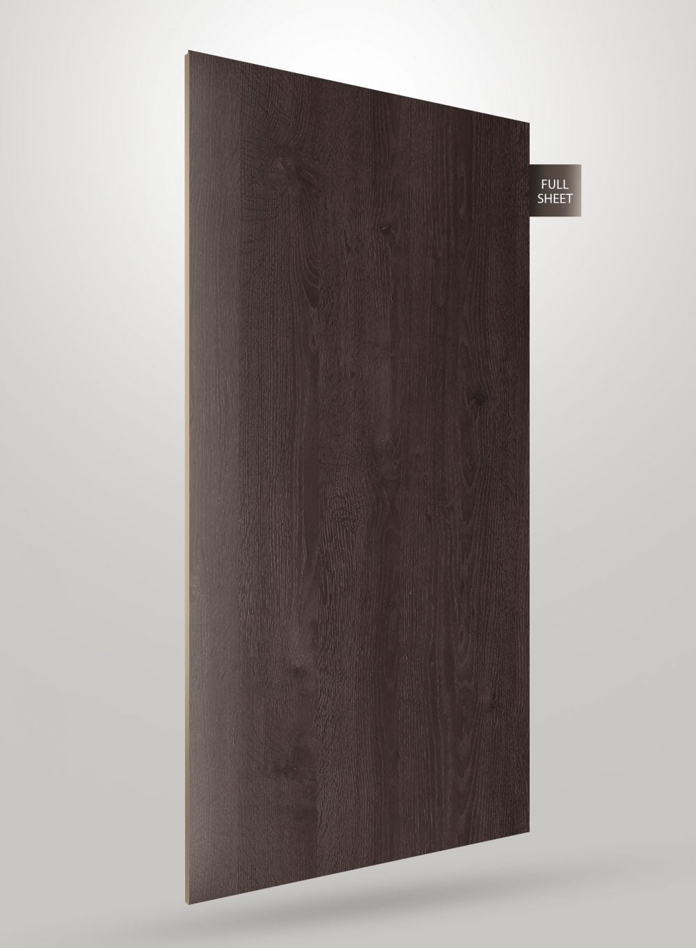 Dark brown wood laminate sheet with visible grain and matte finish, labeled full sheet.