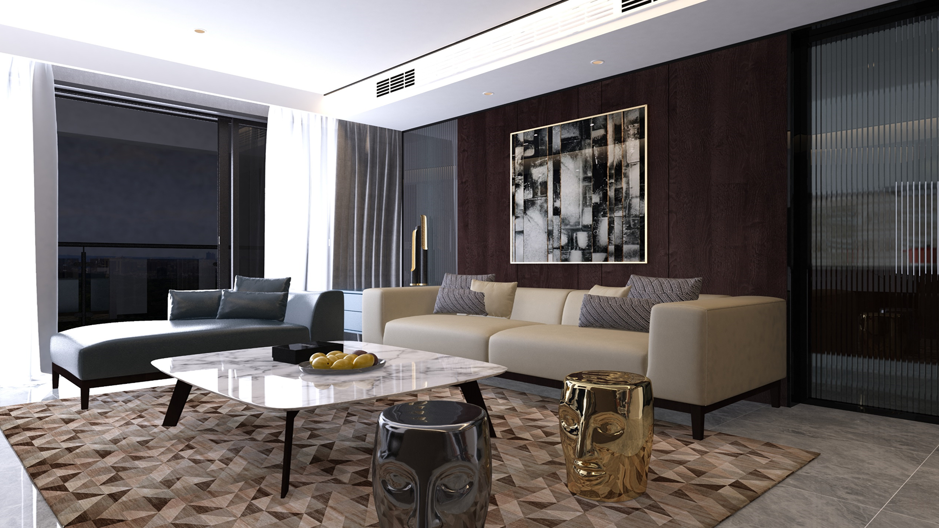 Dark wood laminate wall paneling in modern living room with cream sofa and geometric patterned floor