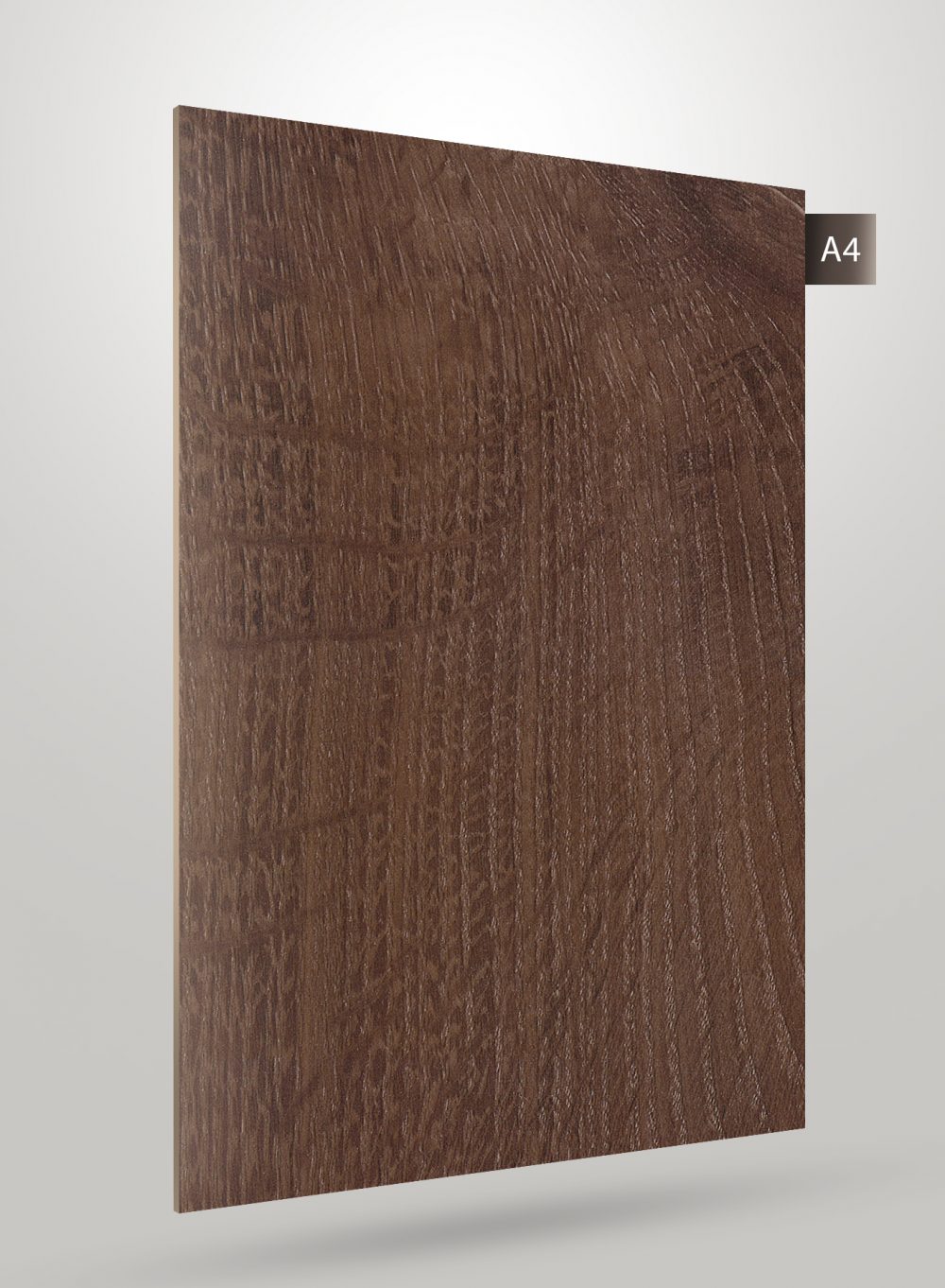 Brown wood grain decorative laminate with matte finish and visible texture, showcasing a wood pattern on a square sample.