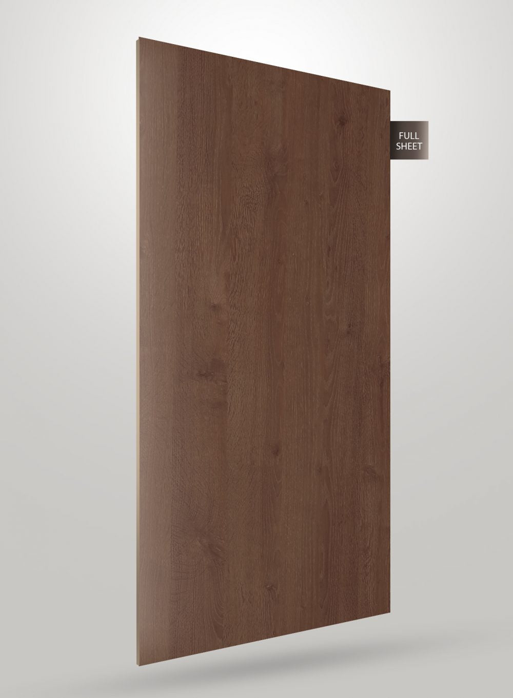 Brown wood grain decorative laminate sheet with matte finish and visible texture, labeled full sheet.