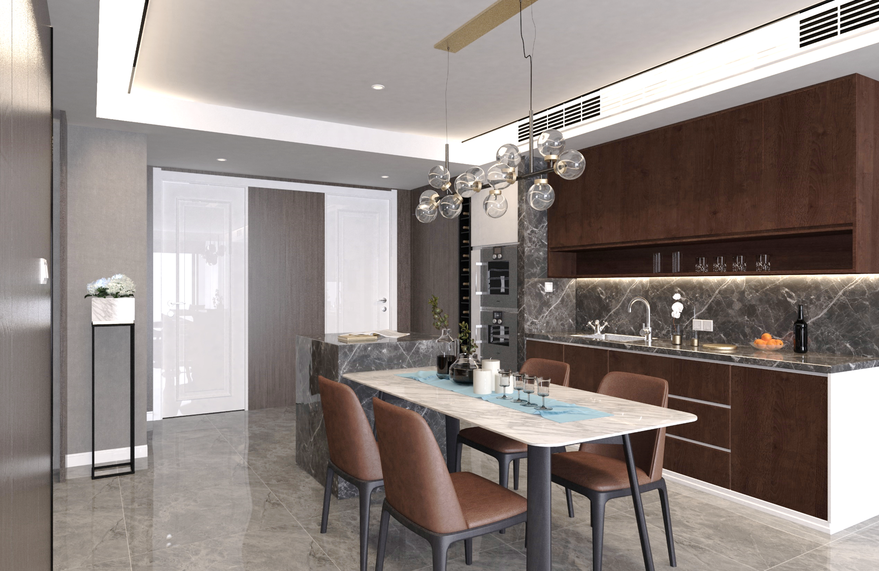 Dark wood laminate wall panels and cabinets in modern kitchen with marble countertops and sleek fixtures.