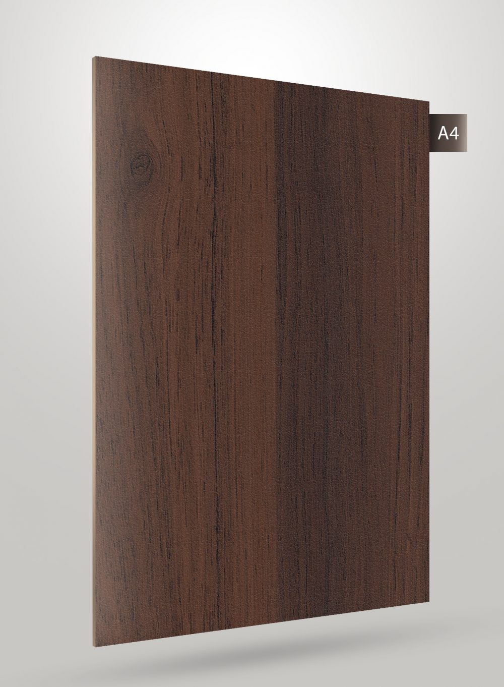 Brown wood grain laminate with matte finish and vertical wood pattern texture, decorative laminate sheet.