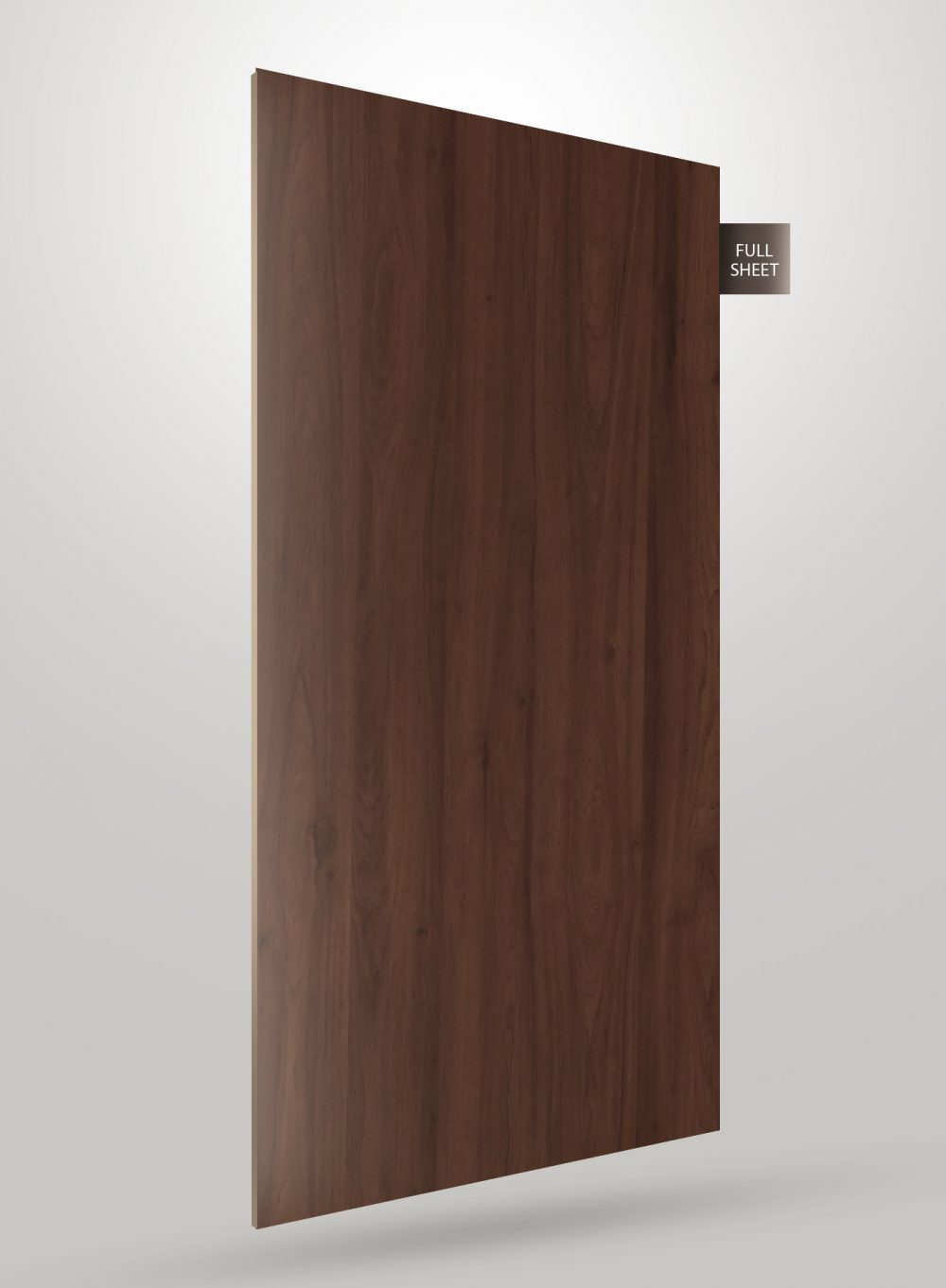 Brown wood grain laminate sheet with matte finish and visible texture, labeled full sheet.