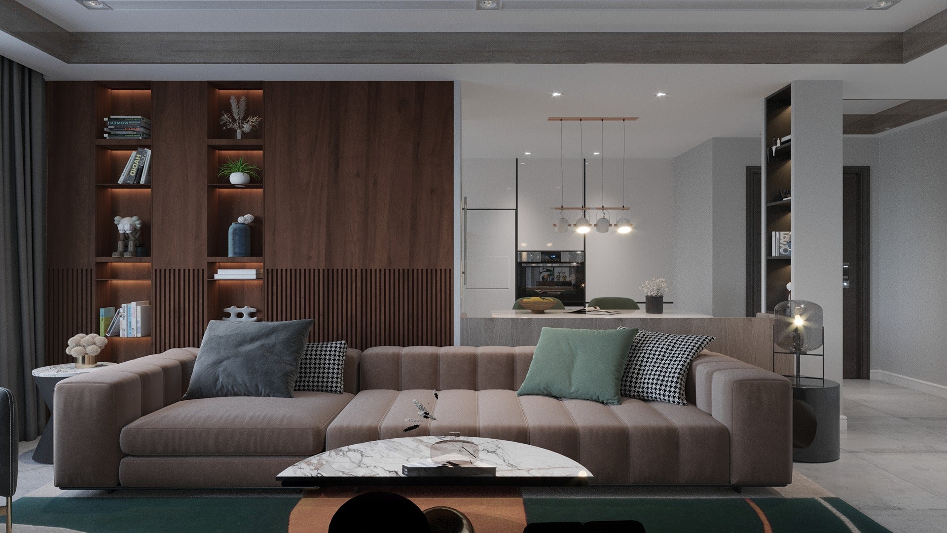 Brown wood laminate wall with built-in shelves and lighting in a modern living room with beige sofa and marble coffee table