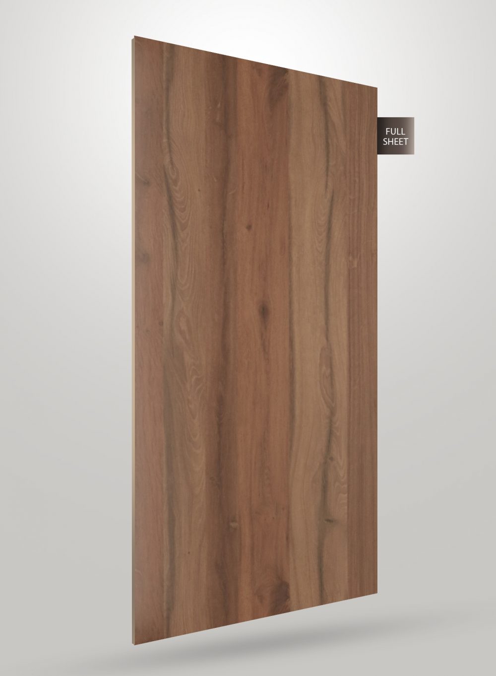 Brown wood grain laminate sheet with matte finish and visible texture, labeled full sheet.