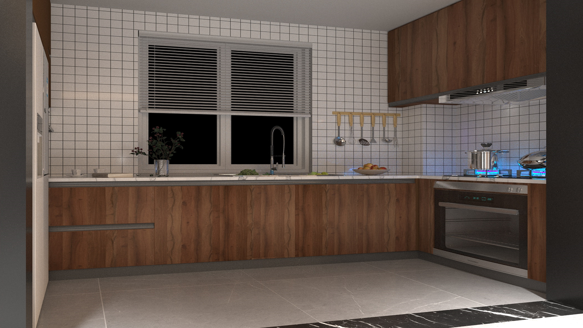 Brown wood laminate kitchen cabinets with matte finish and wood grain texture in a modern kitchen setting.