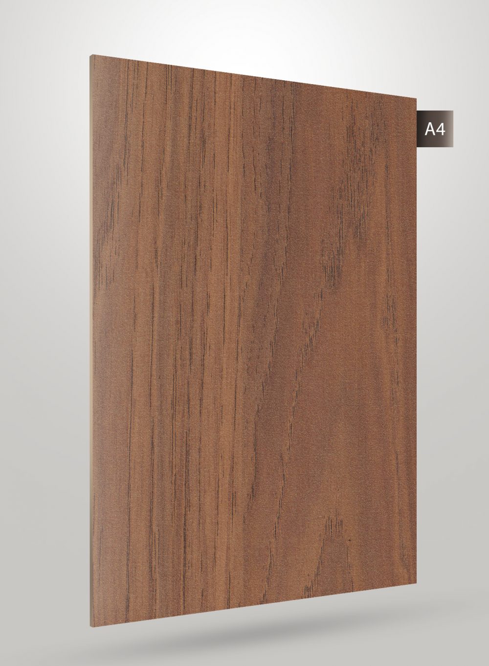 Brown wood grain decorative laminate with matte finish and vertical wood pattern texture visible on the surface.