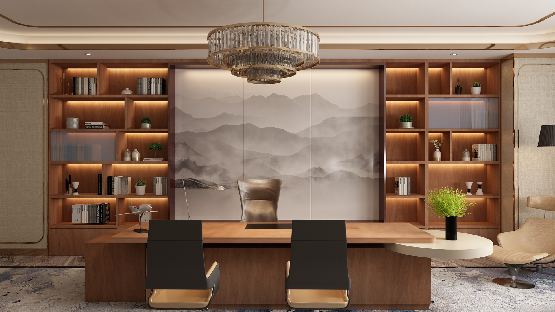 Brown wood laminate used in modern office decor with built-in shelving and matte finish visible on desk and bookshelves