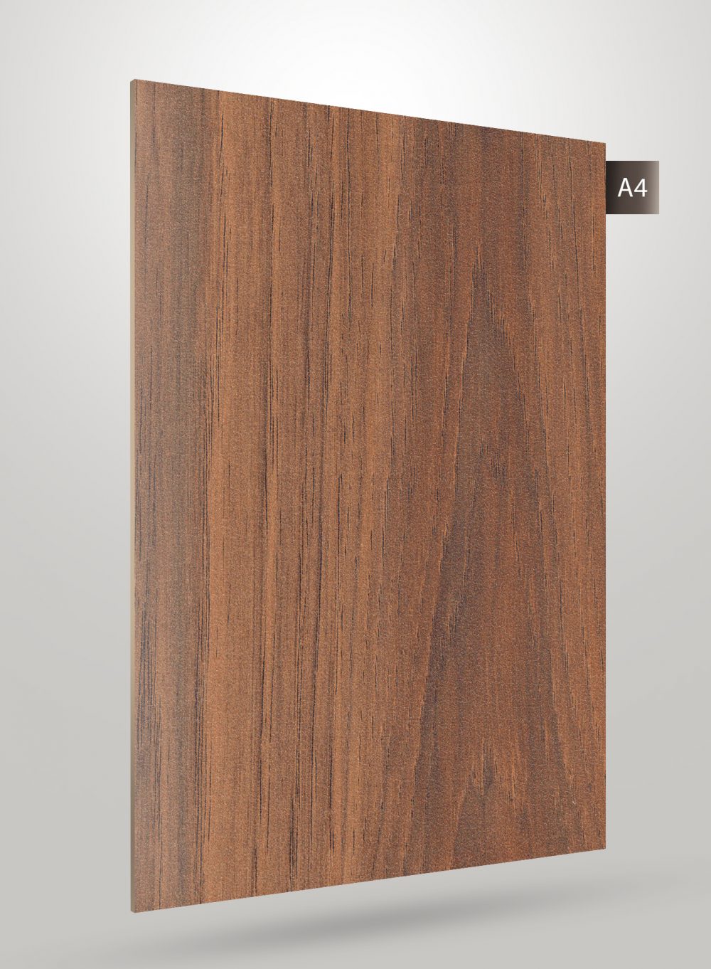 Brown wood grain decorative laminate with matte finish and textured surface, showing vertical wood pattern and subtle grain
