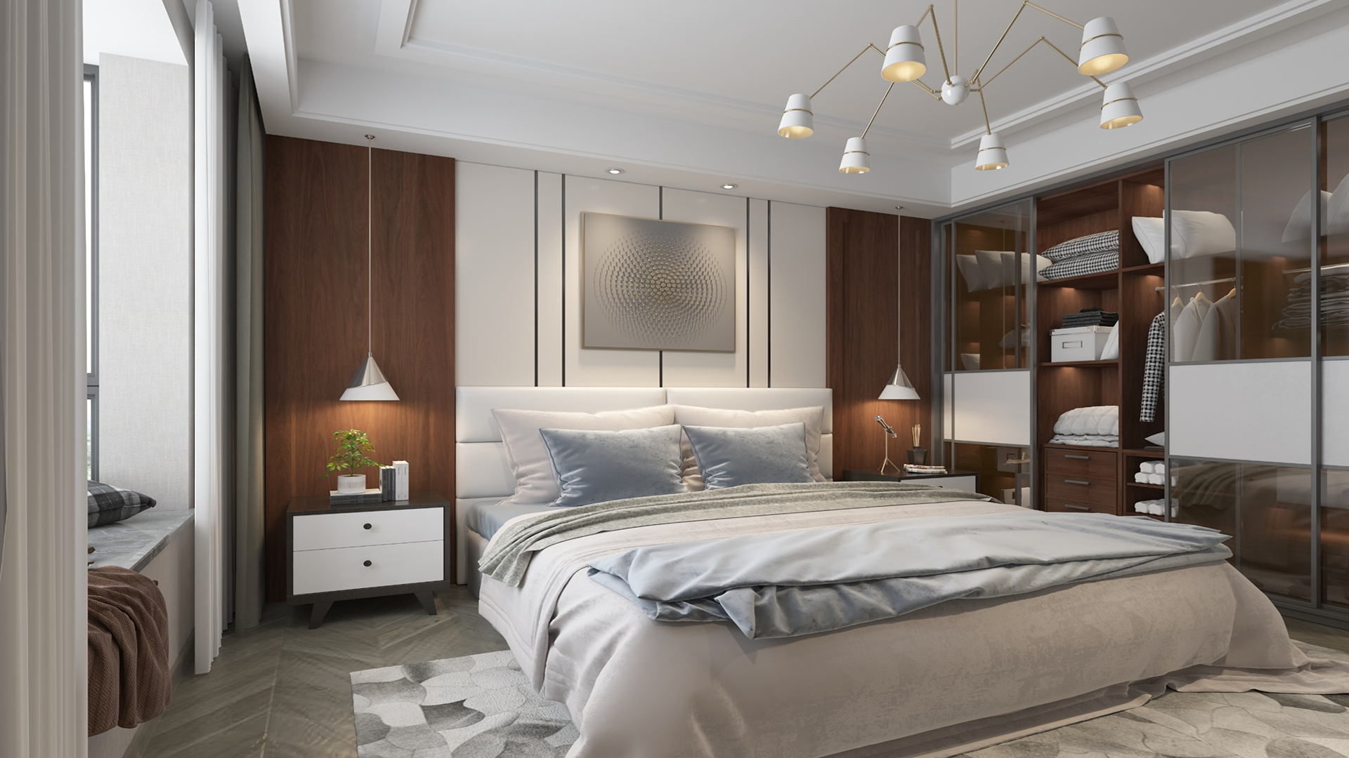 Brown wood laminate wall panels with matte finish in modern bedroom interior with bed and closet storage.