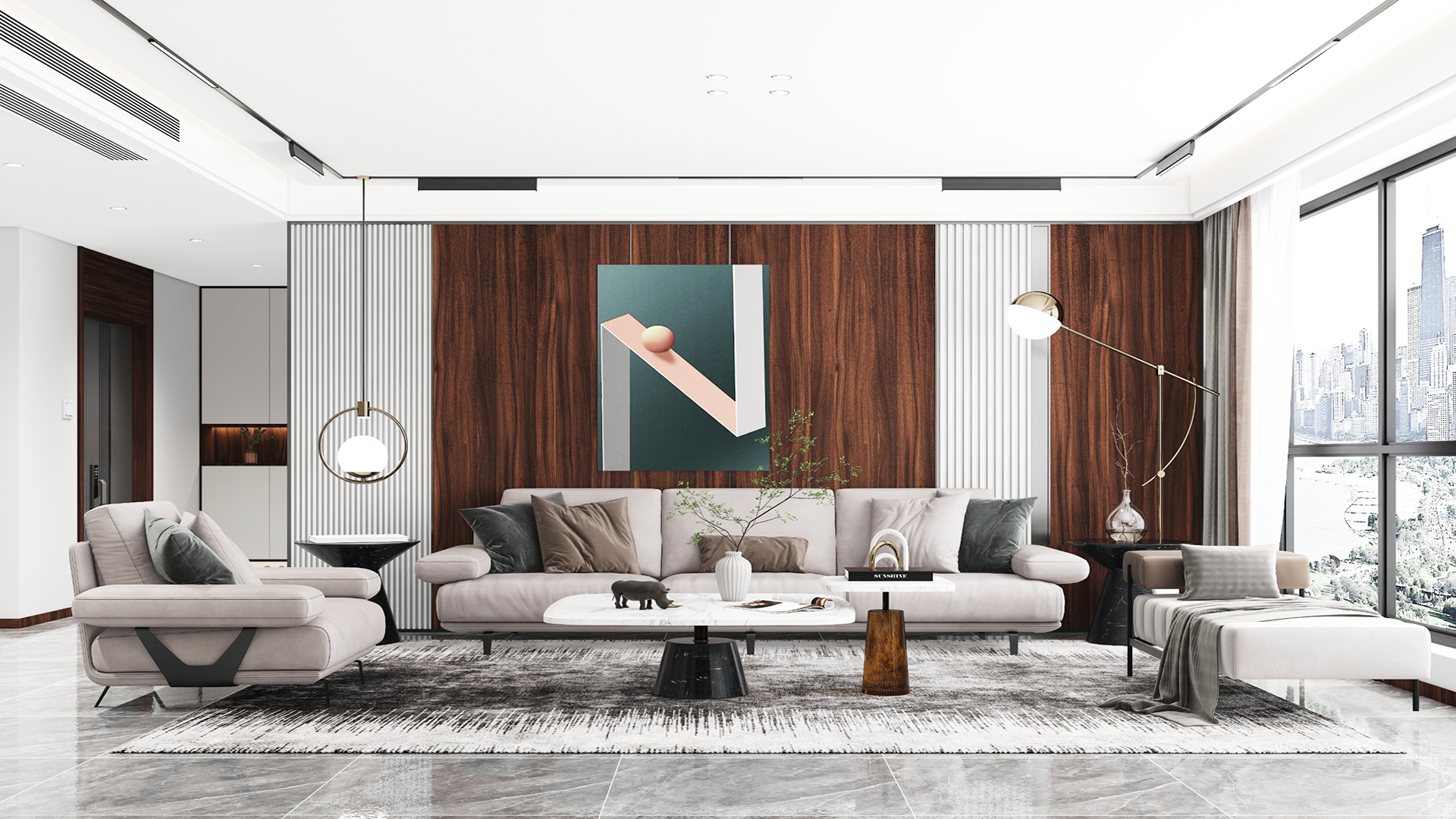 Wood grain decorative laminate with matte finish on wall in modern living room with minimalist furniture and city view