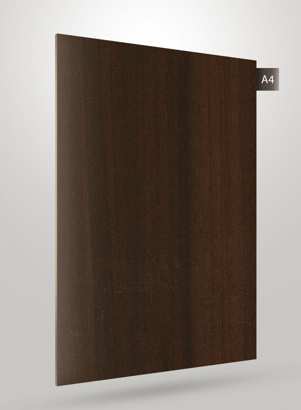 Brown wood grain decorative laminate with matte finish and textured surface, showing vertical wood pattern and subtle grain