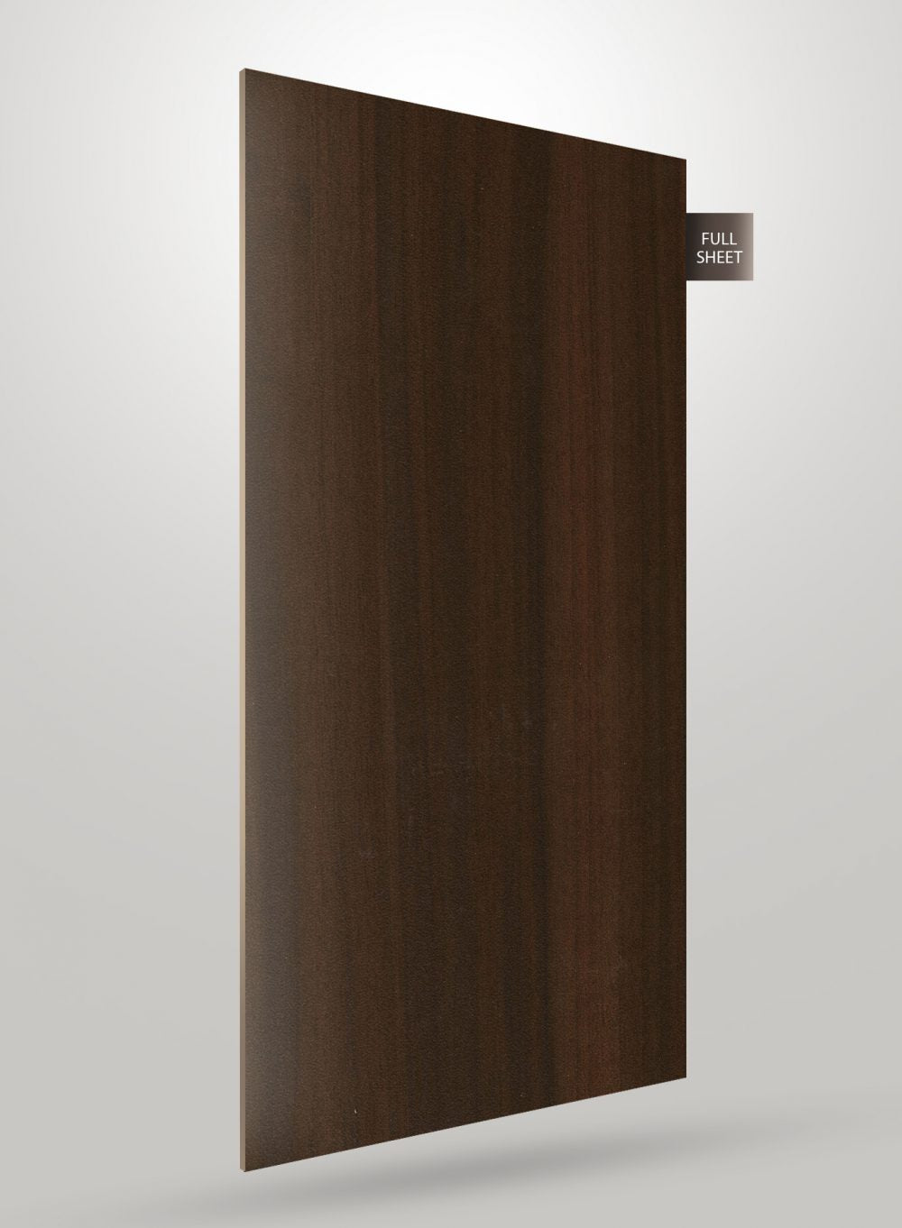 Dark brown wood grain laminate sheet with matte finish and visible wood texture, labeled full sheet.