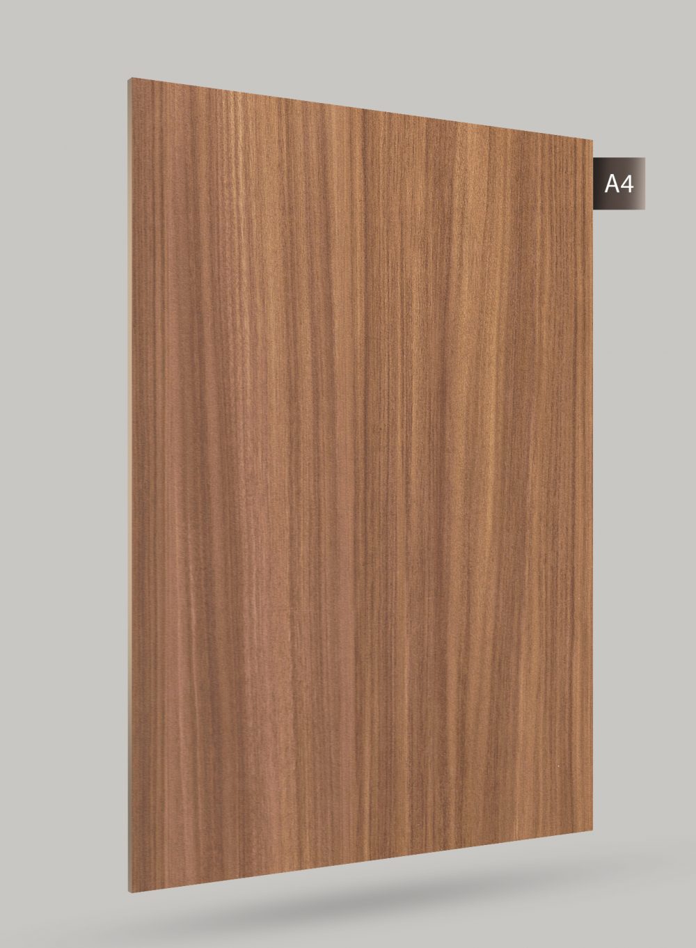 Brown wood grain decorative laminate with matte finish and vertical wood pattern texture.