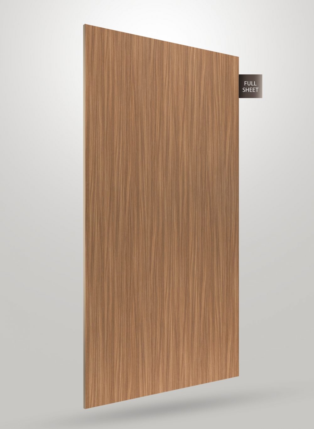 Brown wood grain decorative laminate sheet with straight grain pattern and matte finish, labeled full sheet.