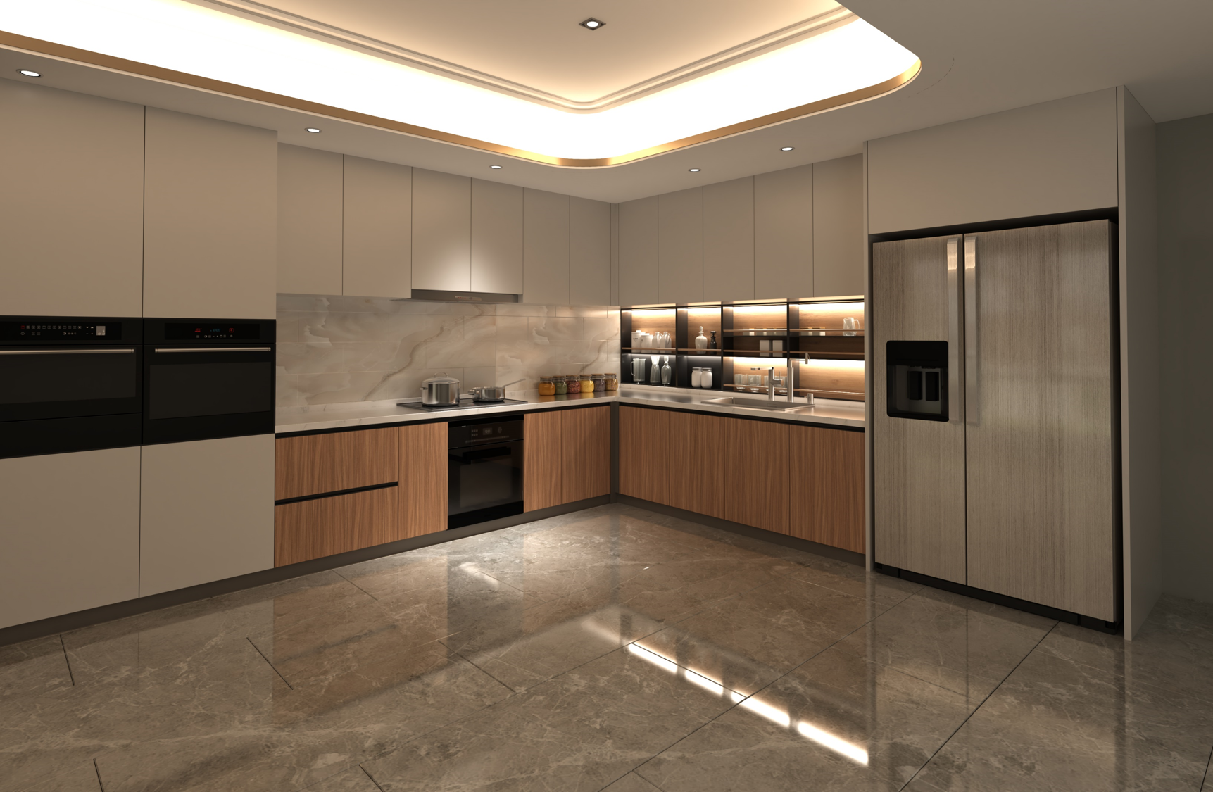 Brown wood laminate kitchen cabinets with matte finish and wood grain texture in a modern kitchen setting.