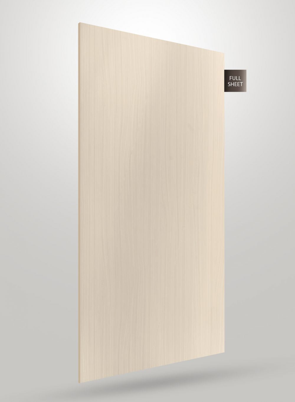 Beige wood grain decorative laminate with matte finish and vertical wood pattern on full sheet.