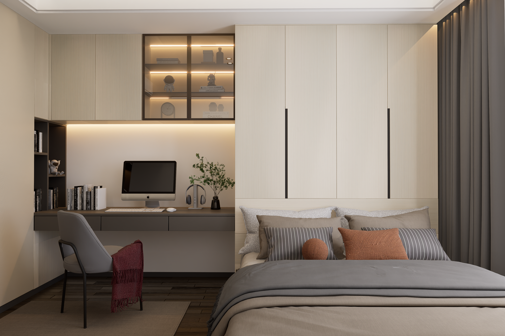 Beige wood laminate wall panels and furniture in modern bedroom with desk and decorative items, matte finish and wood grain