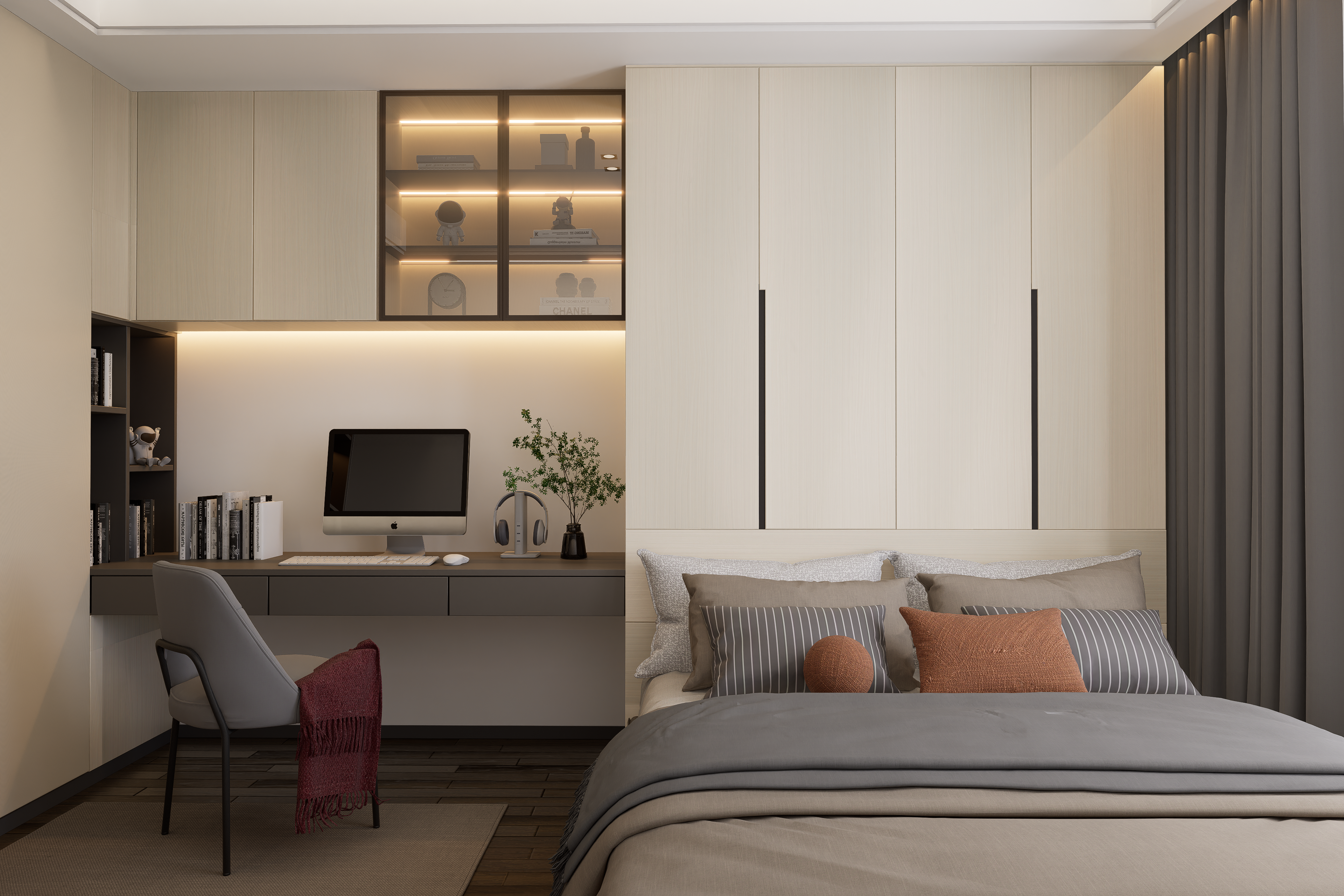 Beige wood laminate wall panels and furniture in modern bedroom with desk and decorative items, matte finish and wood grain
