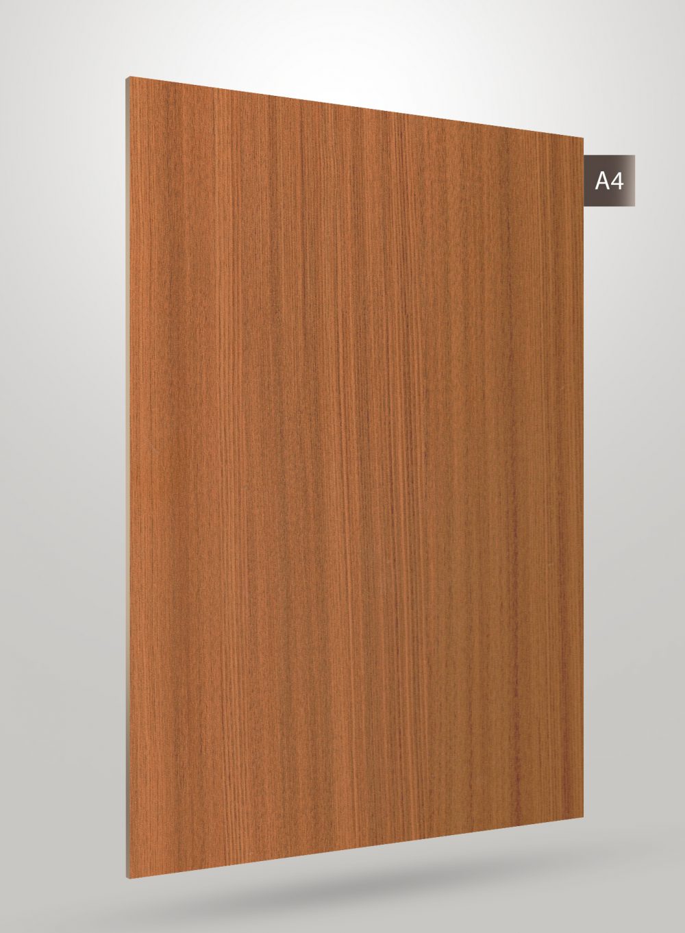 Brown wood grain decorative laminate with matte finish and vertical wood pattern texture on a square sheet.