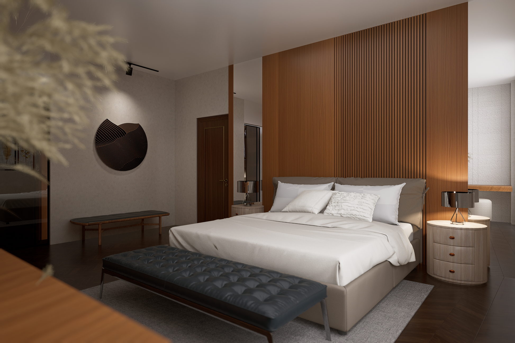 Brown wood laminate wall panel with matte finish in modern bedroom interior with minimalist decor and soft lighting.
