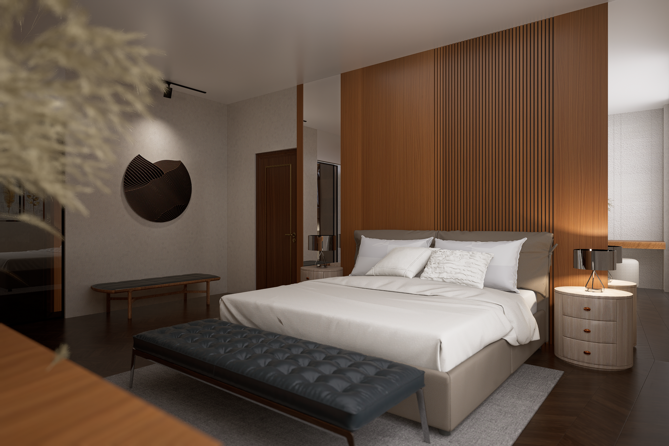Brown wood laminate wall panel with matte finish in modern bedroom interior with minimalist decor and soft lighting.