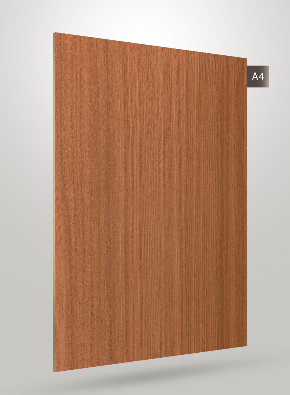 Brown wood grain decorative laminate with matte finish and vertical wood pattern texture.