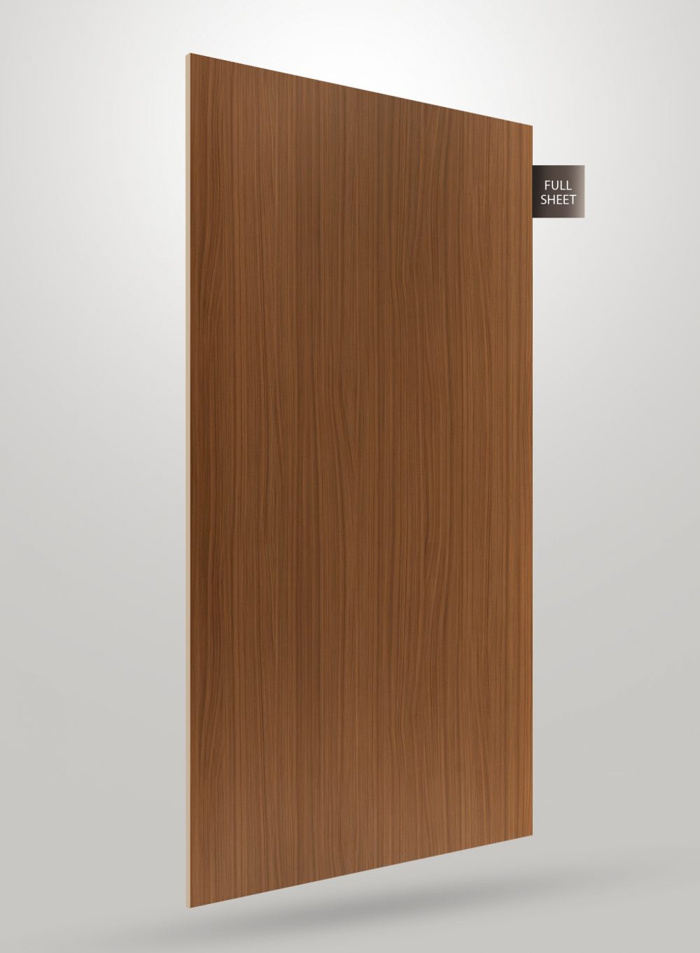 Brown wood grain decorative laminate sheet with vertical grain pattern and matte finish displayed as full sheet.
