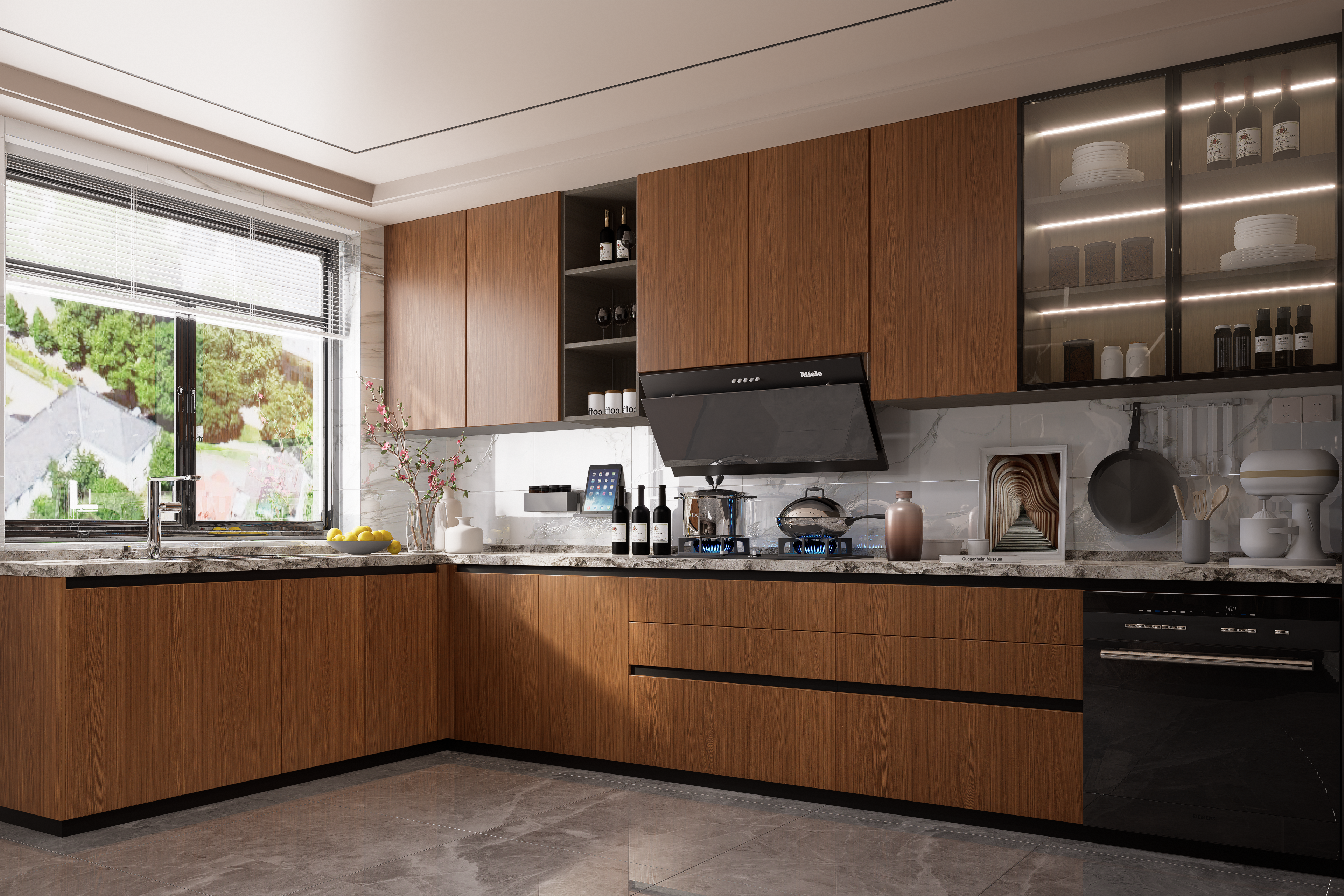 Brown wood laminate kitchen cabinets with matte finish and wood grain texture in a modern kitchen setting.